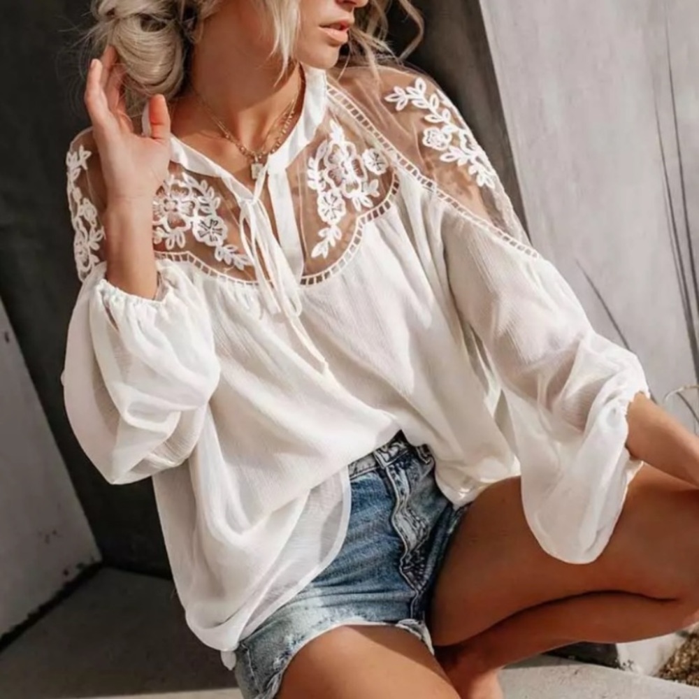 SOLD OUT White Lace Sheer Tie Front Peasant Boho Top Blouse - Picture 5 of 7